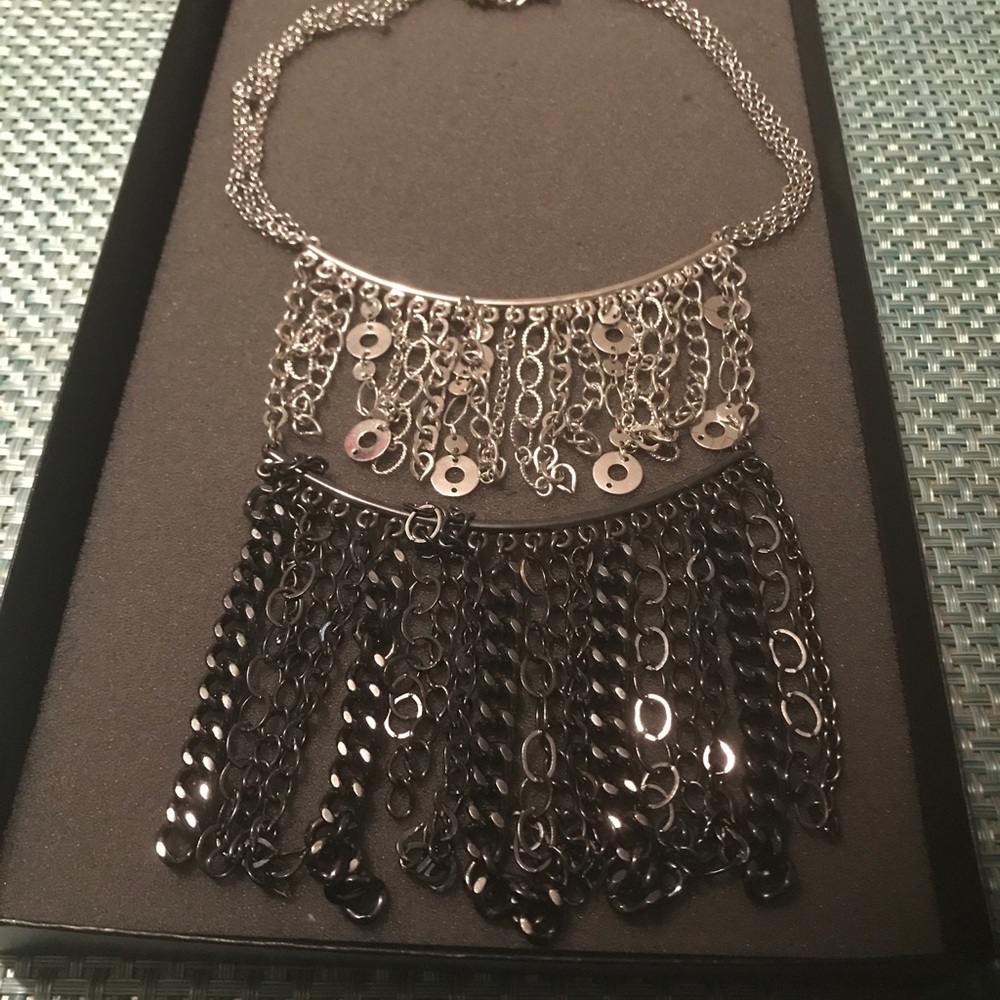 Chicos 2 Tiered Hemitie Silvertone Chain Necklace